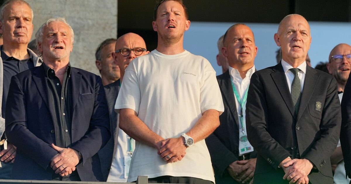 Ende beim DFB? Bundestrainer Julian Nagelsmann zwischen Rudi Völler und Bernd Neuendorf. (Archivbild)