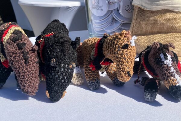 Die gehäkelten Maskottchen der deutschen Dressur-Mannschaft.