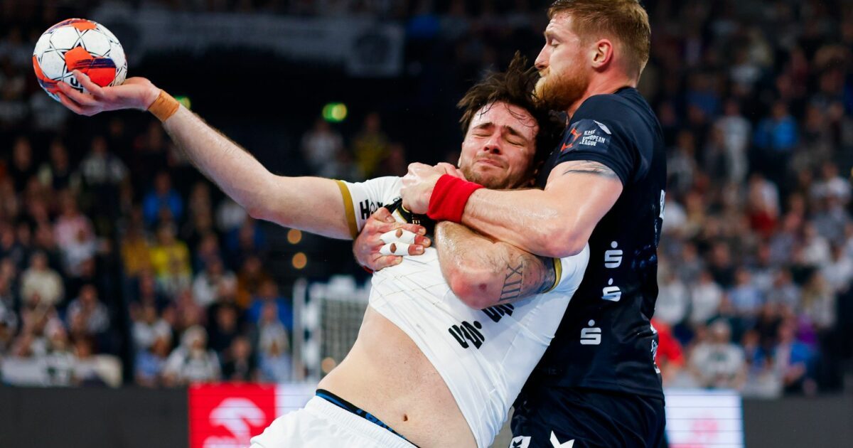 Kiels Veron Nacinovic (l) und Flensburgs Blaz Blagotinsek kämpfen um den Ball. (Archivbild)